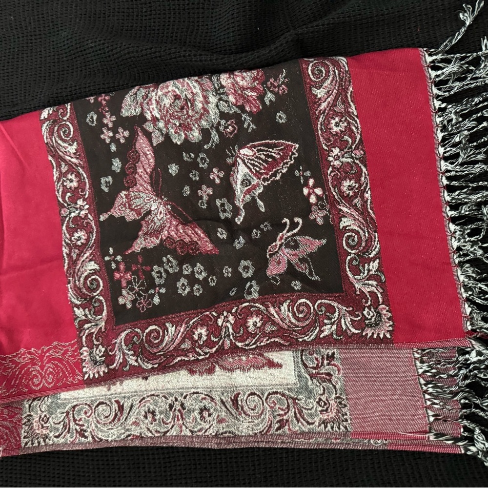 Pashmina Black and Pink Butterfly Scarf